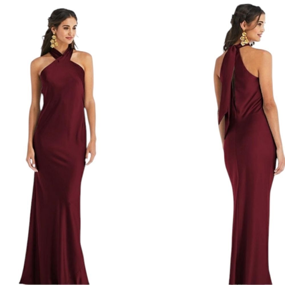 NWT Lovely Draped Maxi Dress twist halter lux charmeuse column Gown Cabernet L